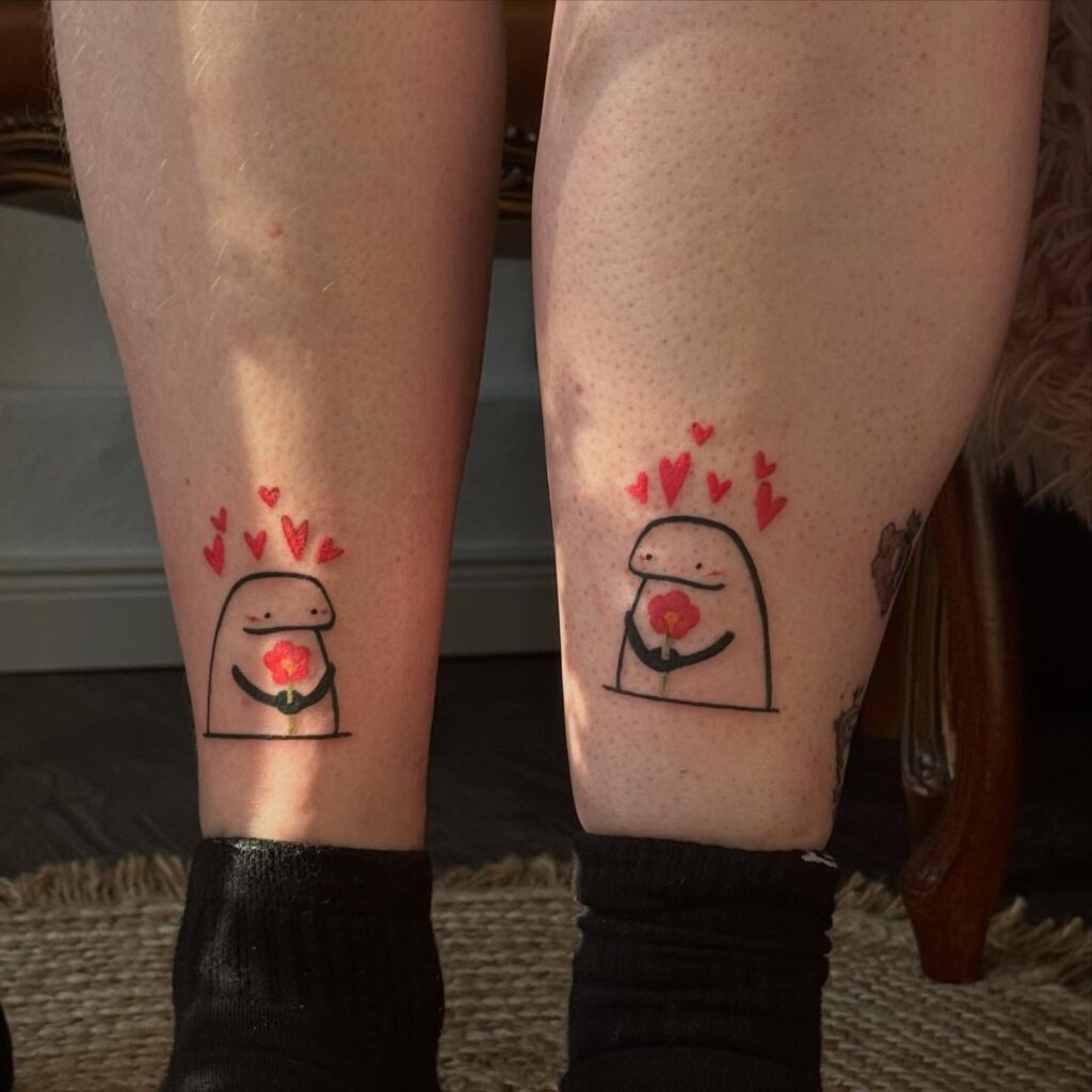 Sweet Creatures with Hearts and Flowers Matching Tattoos Tattoo Design