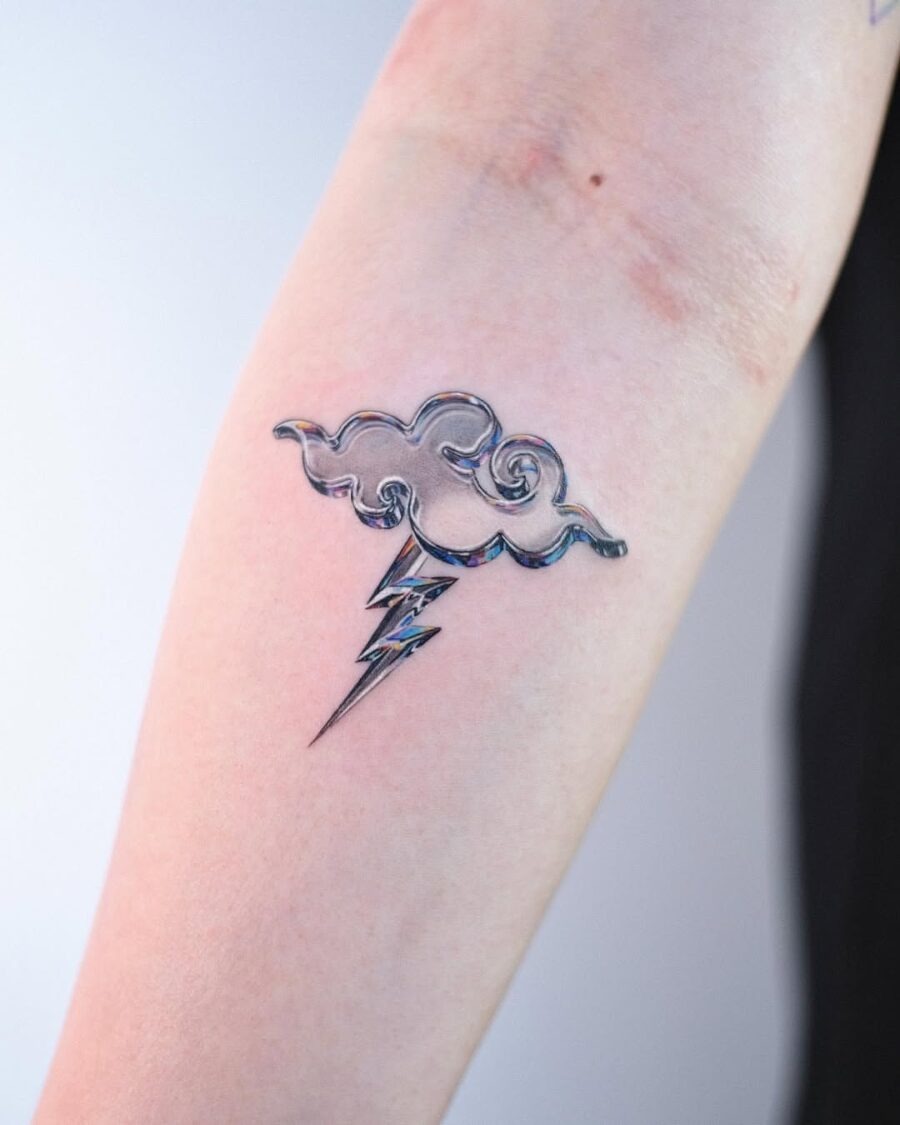 Mesmerizing Silver Ink Cloud and Lightning Design Tattoo Design