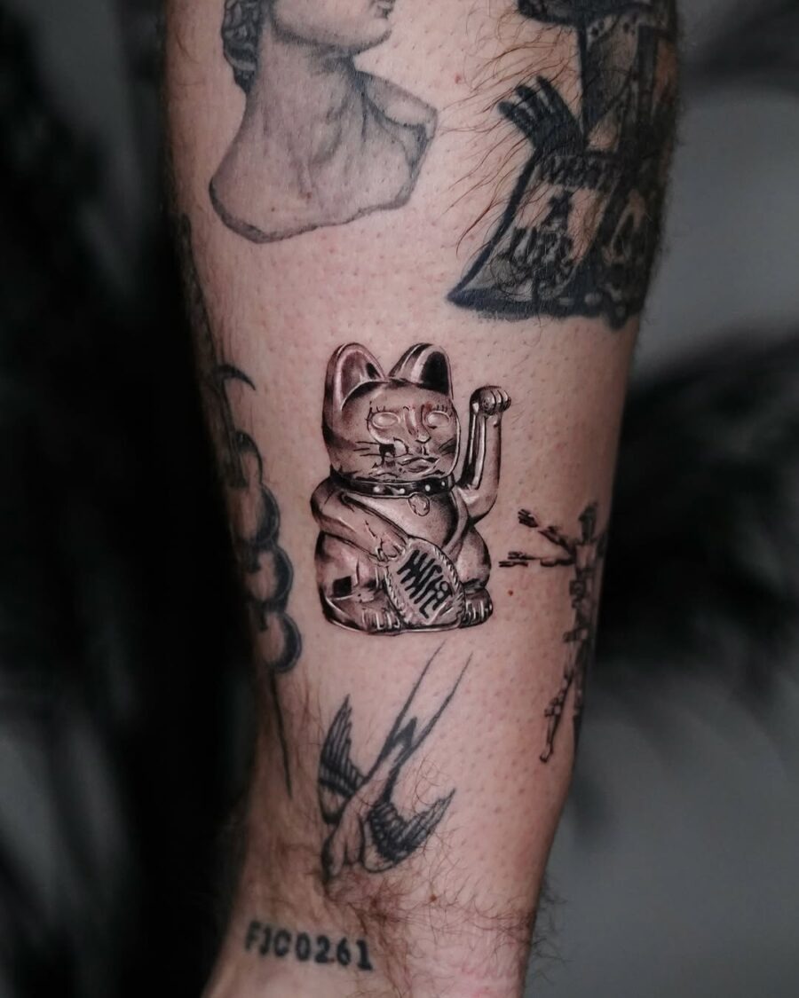 Stylish silver ink lucky cat tattoo design Tattoo Design