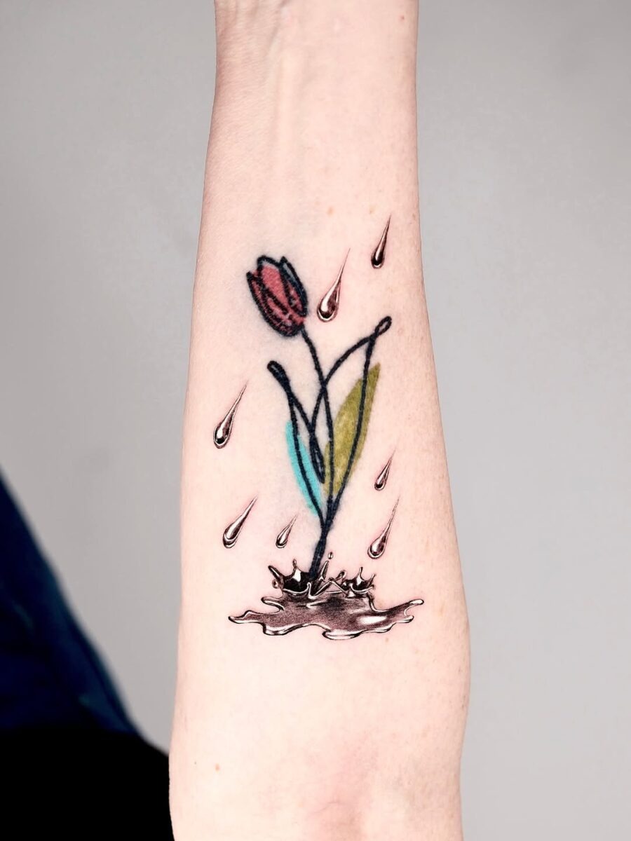 Unique silver ink floral tattoo with water elements Tattoo Design