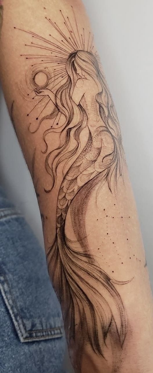 Celestial Fine Line Siren with Sun Halo, a tattoo design rendered in clean detailed linework.
