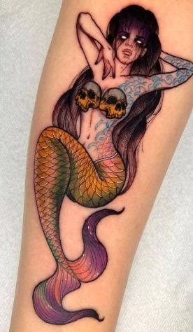 Colorful Gothic Siren with Skull Shells, a tattoo design rendered in delicate fine-line.