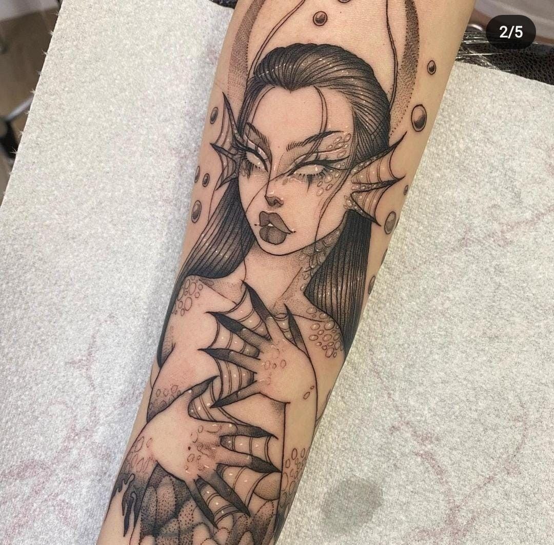 Dark Siren Portrait with Webbed Hands, a tattoo design rendered in bold traditional.