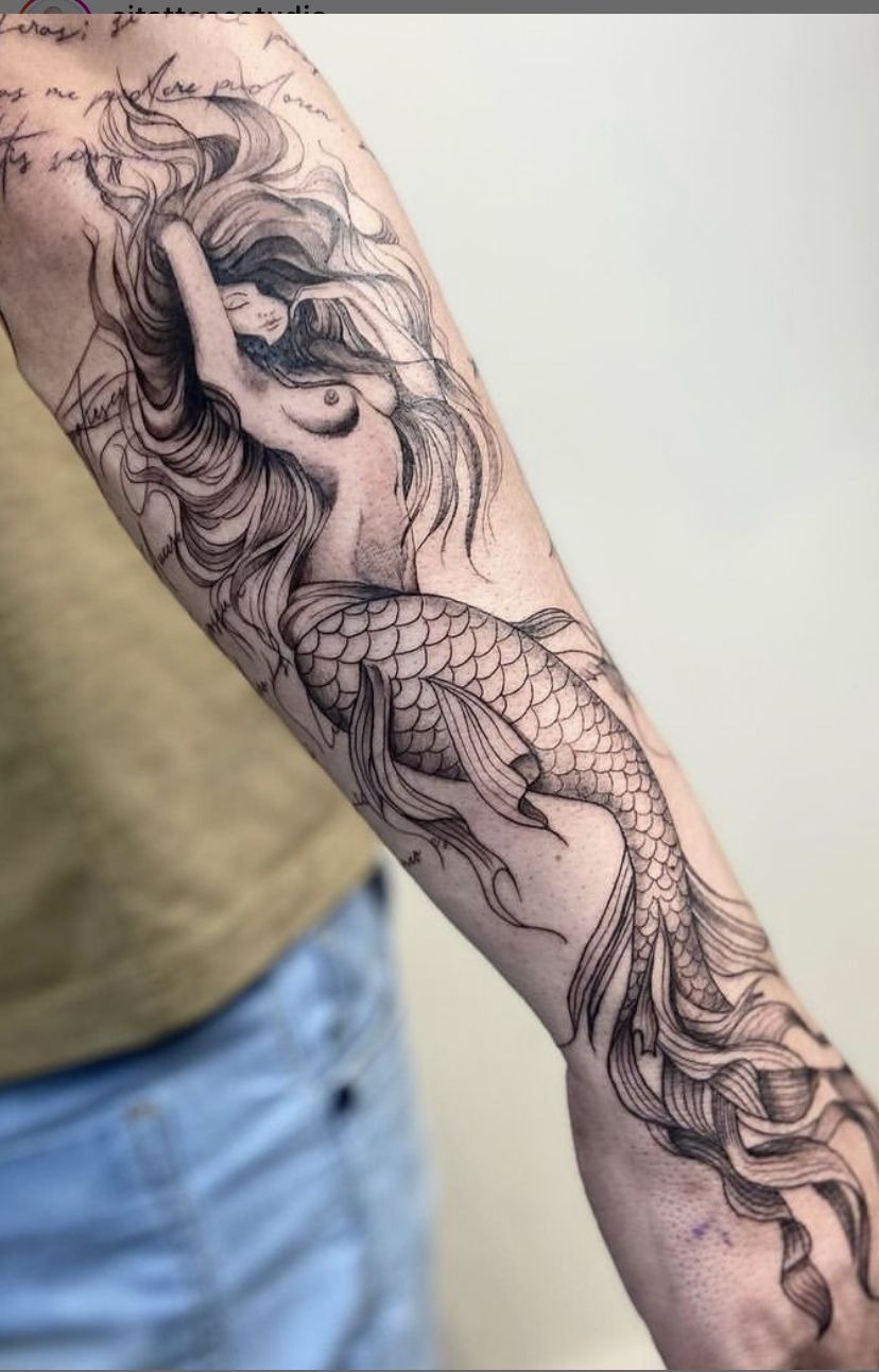 Dreamlike Script-Inspired Siren, a tattoo design rendered in bold for the hand.