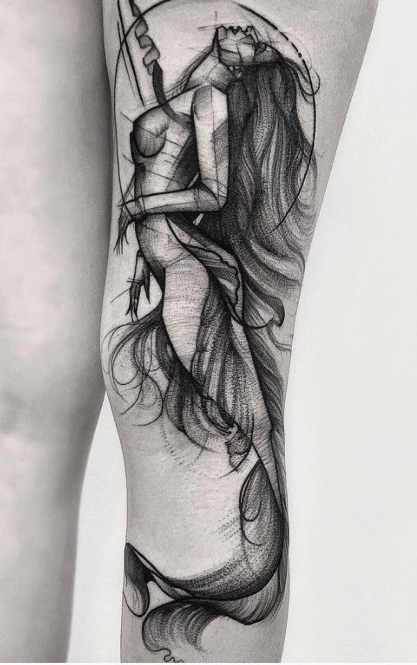 Ethereal Flowing Siren in Soft Black Shading, a tattoo design rendered in clean detailed linework.