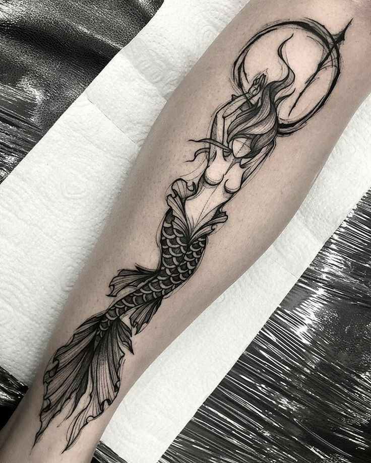 Moonlit Siren in Fine Line Blackwork, a tattoo design rendered in clean detailed linework for the leg.