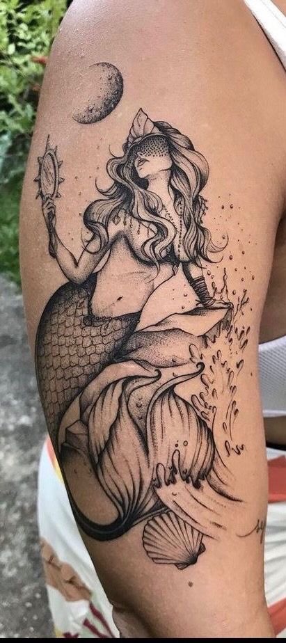Mythic Siren with Moon and Mirror, a tattoo design rendered in clean detailed linework.