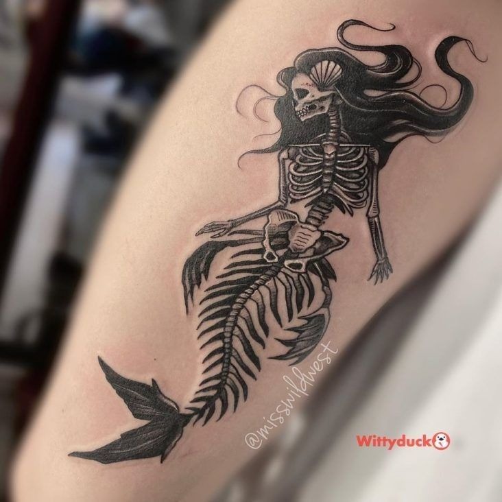Skeletal Deep-Sea Siren Shadow, a tattoo design rendered in clean detailed linework for the leg.