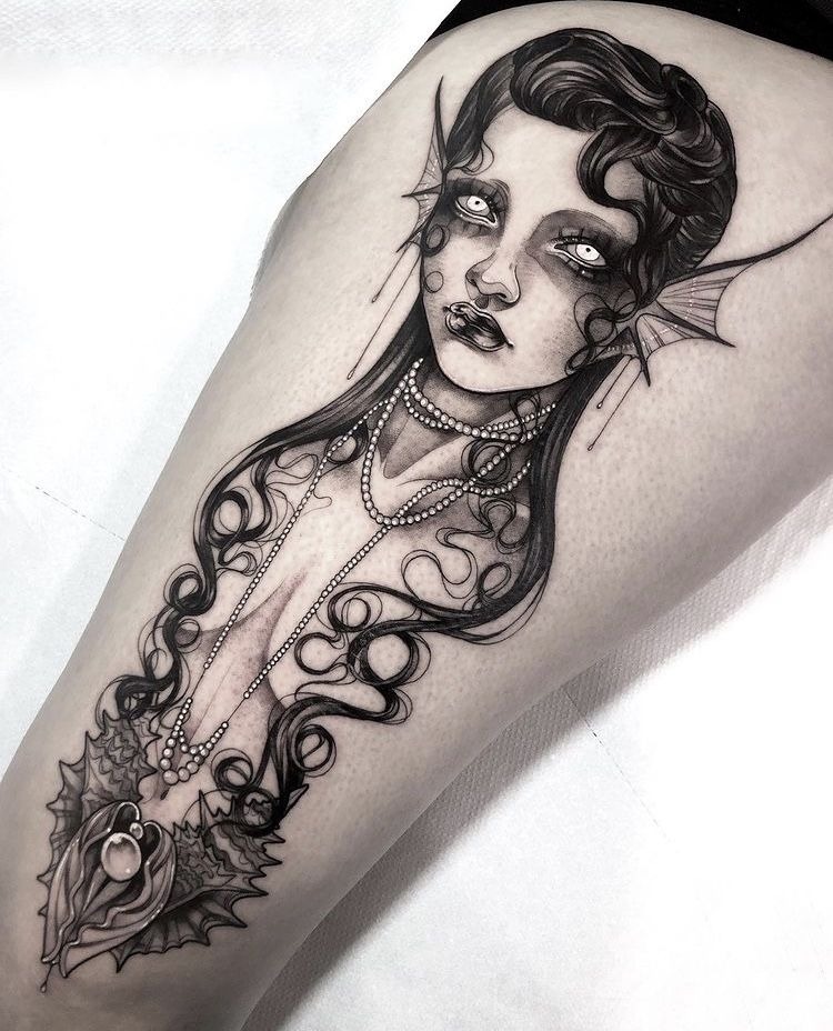 Vintage Pearl Siren Portrait, a tattoo design rendered in delicate fine-line.