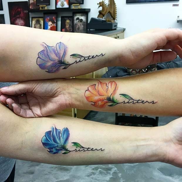 Colored Flower Matching Sister Tattoos Tattoo Design