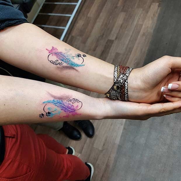 Watercolor Feather Matching Sister Tattoos Tattoo Design