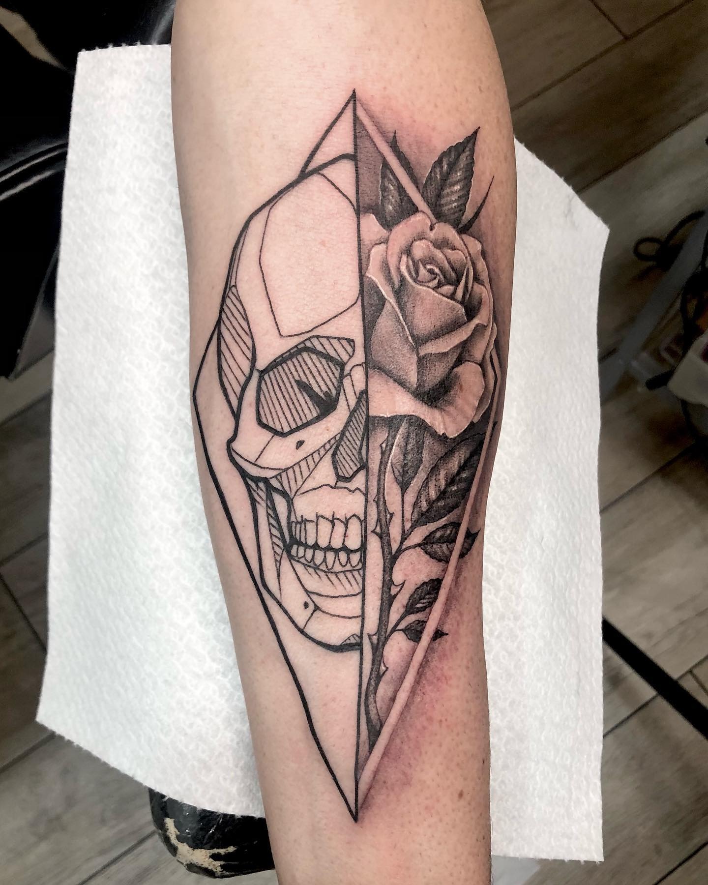 Geometric Split Skull and Rose Tattoo Tattoo Design