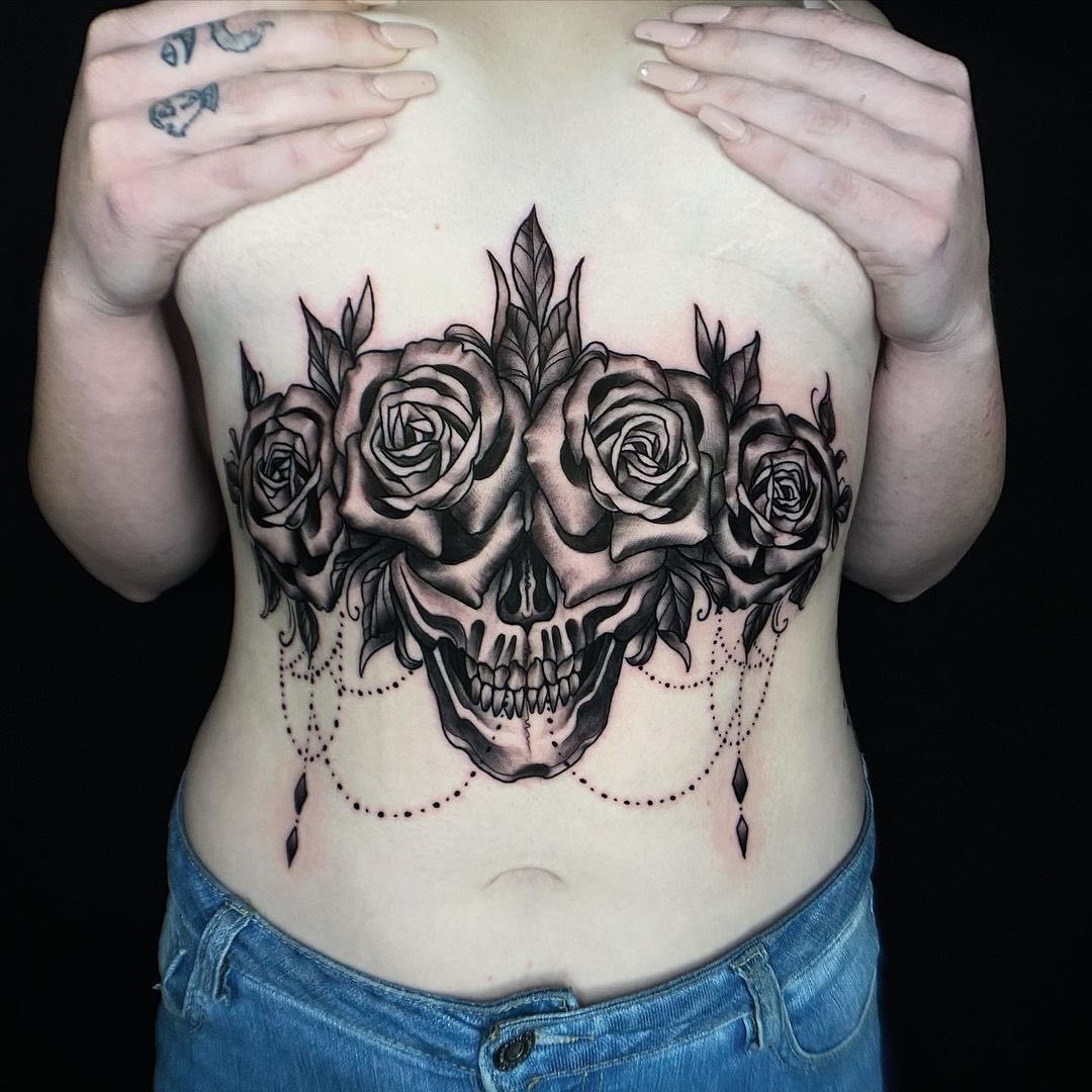 Rose Skull Stomach Tattoo Tattoo Design