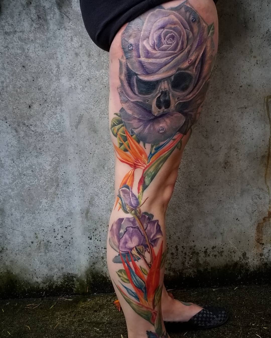 Skull and Purple Rose Leg Tattoo Tattoo Design
