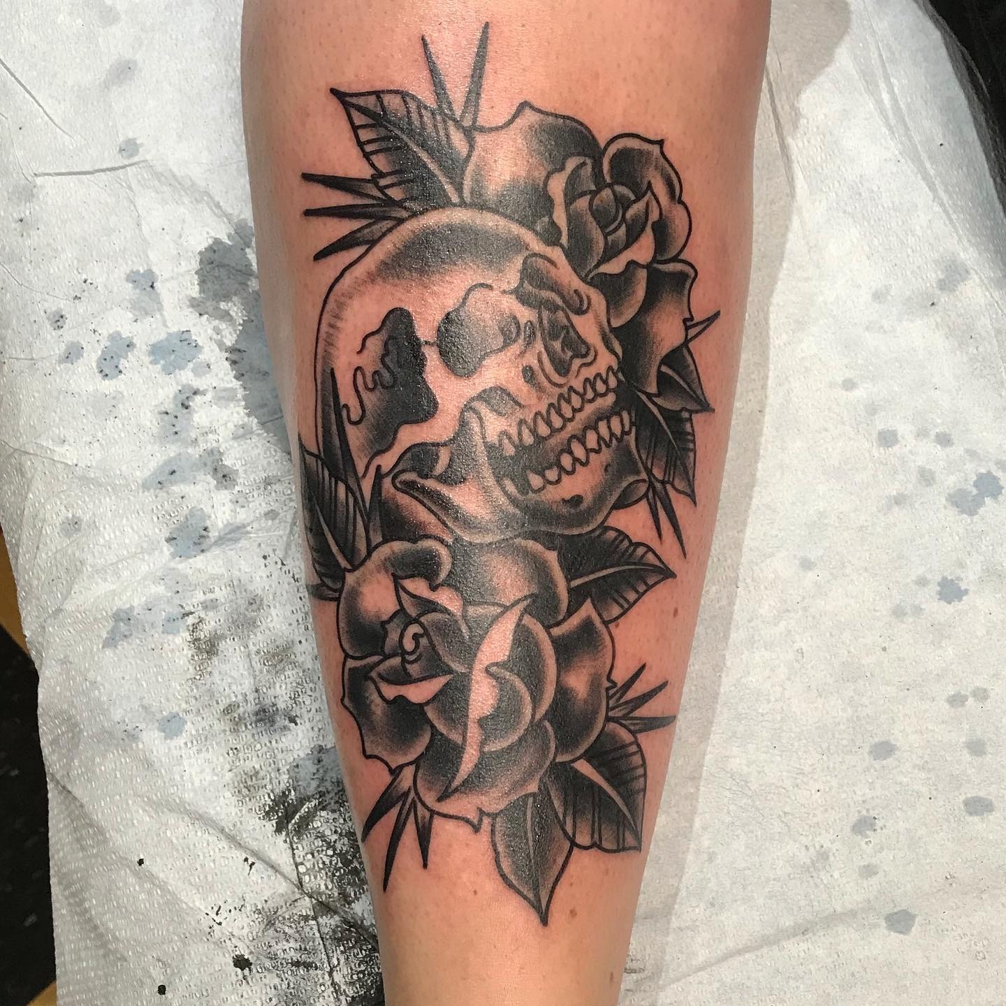 Skull and Roses Calf Tattoo Tattoo Design