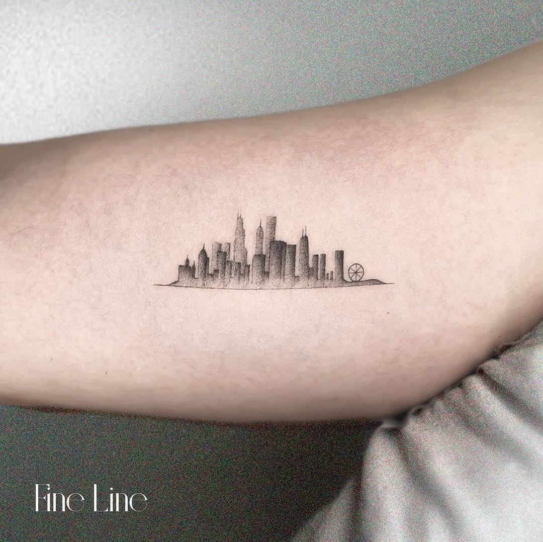 Artistic portrayal of a skyline in fine line Tattoo Design