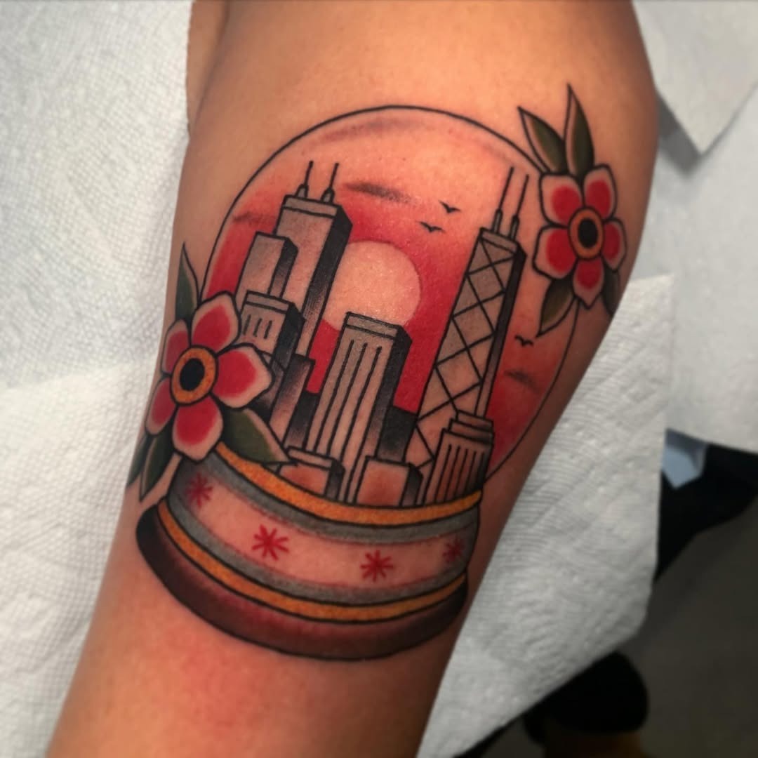 Charming skyline tattoo within a snow globe Tattoo Design