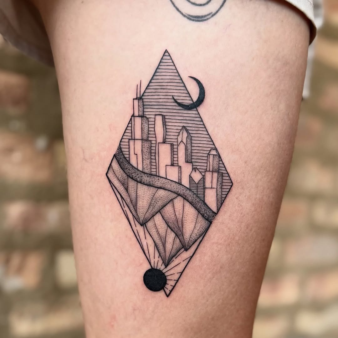 Geometric skyline tattoo with celestial elements Tattoo Design