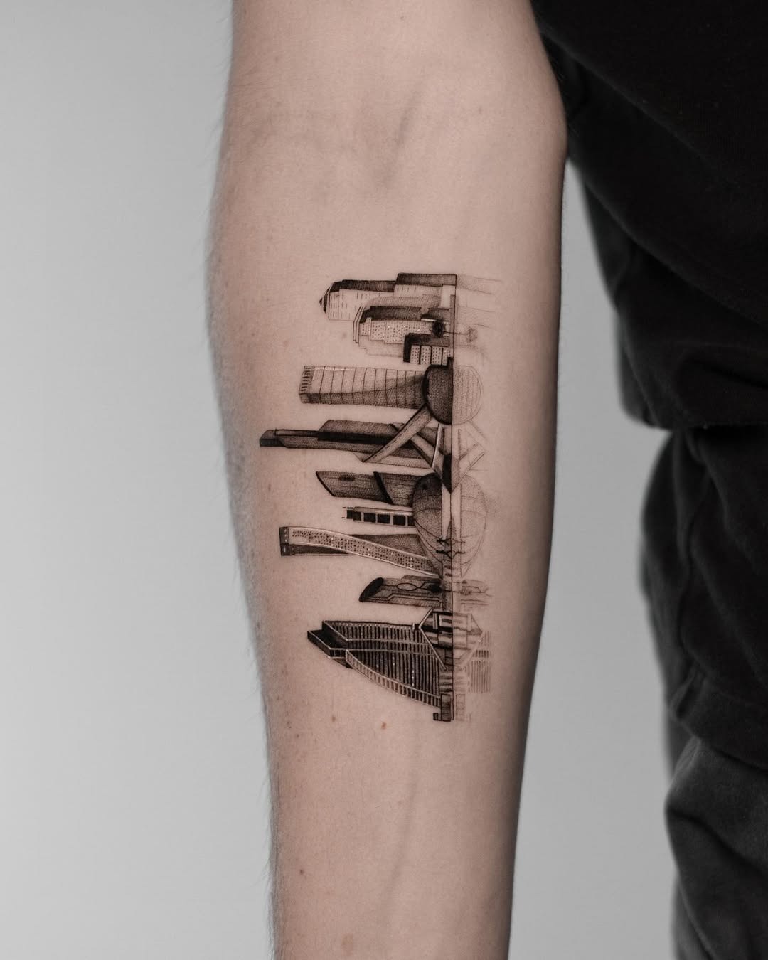 Stunning skyline tattoo in intricate black ink Tattoo Design