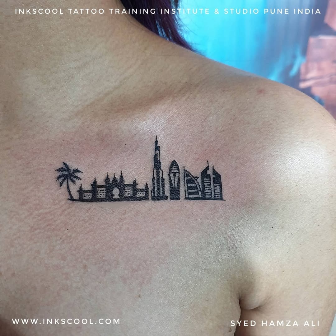 Stylish skyline tattoo with palm silhouette Tattoo Design