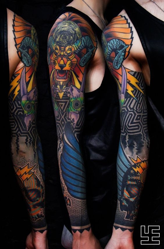 Abstract Eclectic Skull and HornedLion Tattoo Tattoo Design