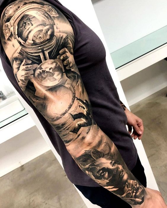 An Astronaut Dreams of Space Sleeve Tattoo Ideas Tattoo Design