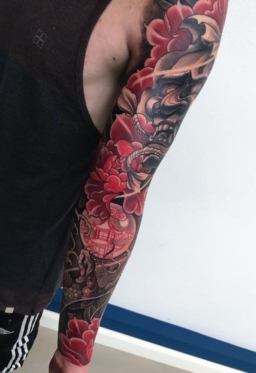 Asian Inspired Windswept Monster Mask Sleeve Tattoo Tattoo Design