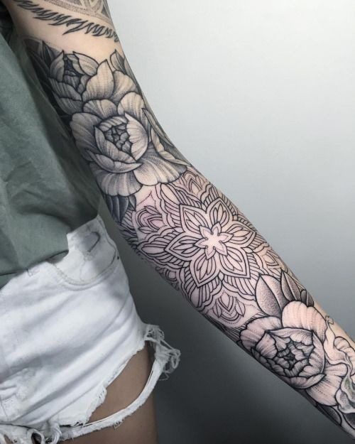 Blooming Cabbage and Geometric Floral Sleeve Tattoo Tattoo Design