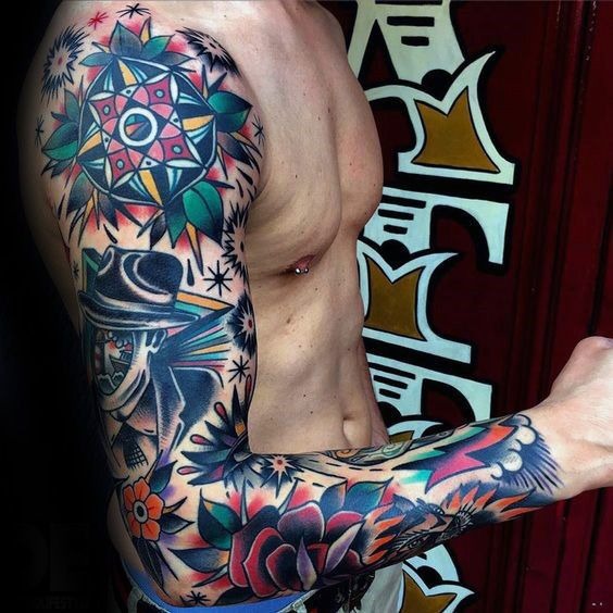 Bold Color Floral Surrealist Collage Sleeve Tattoo Ideas Tattoo Design
