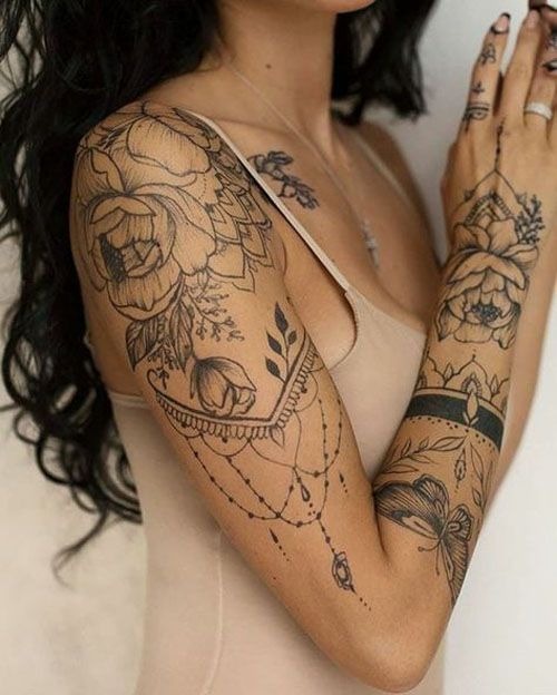 Botanical Jewel Tightlined Butterfly Sleeve Tattoo Tattoo Design