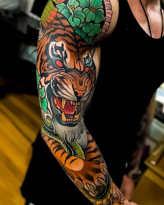 Colorful Botanical Tiger and Snake Scene Sleeve Tattoo Tattoo Design