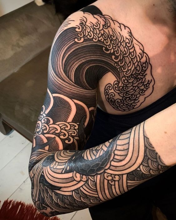 Crashing Wave with Interwoven Sea Serpent Sleeve Tattoo Tattoo Design