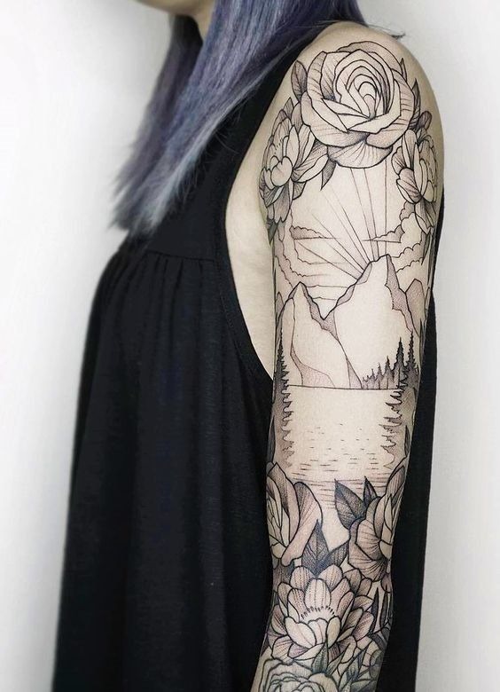Flowers Framing Sunny Mountain Lake Sleeve Tattoo Tattoo Design