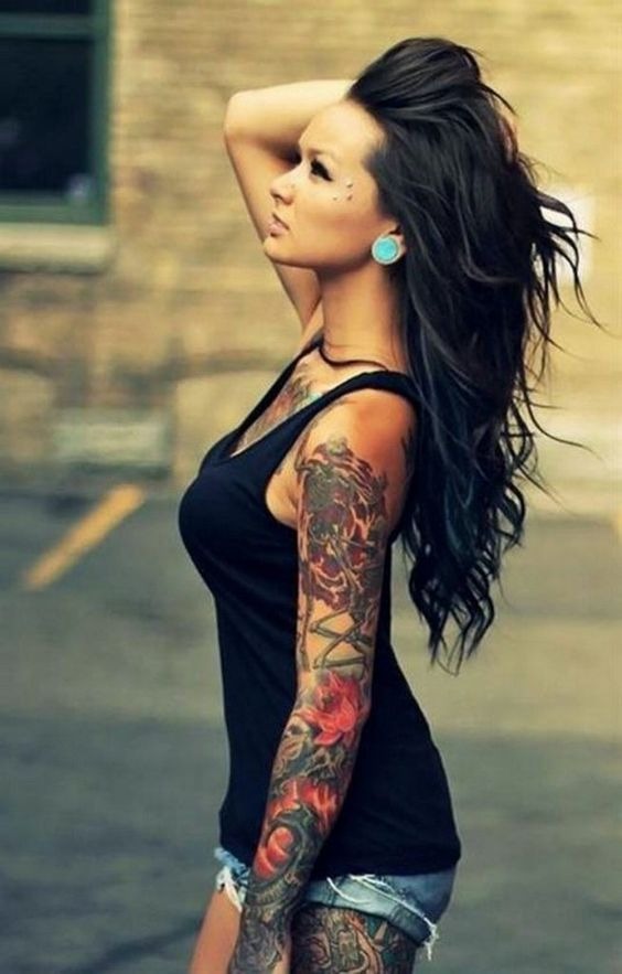 Full Sleeve Tattoo With Roses and Skeleton Tattoo Design