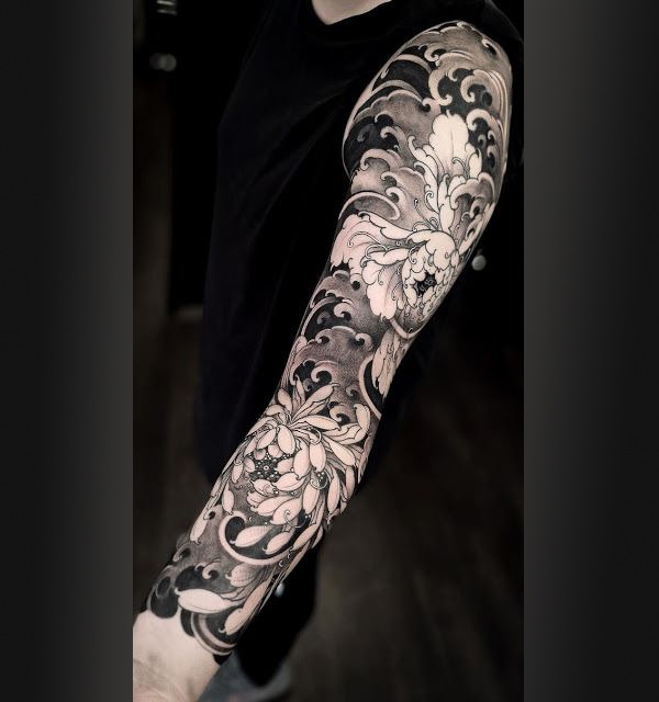Greyscale Flowers and Windswept Waves Sleeve Tattoo Ideas Tattoo Design