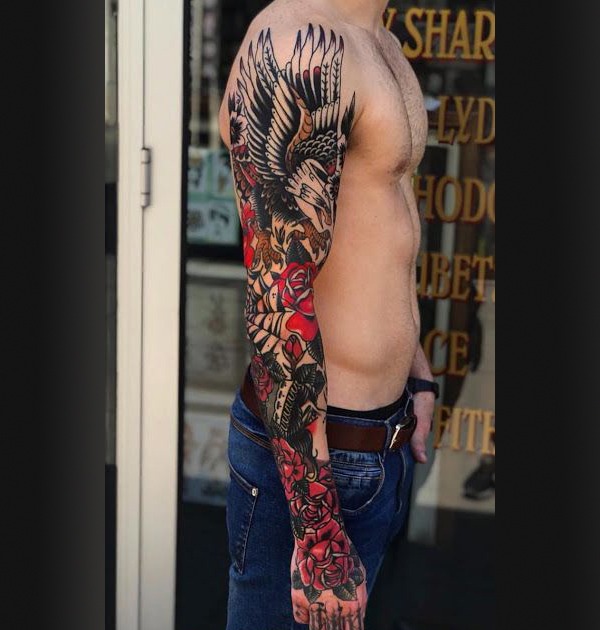 Intricately Drawn Eagle Flower Sleeve Tattoo Tattoo Design