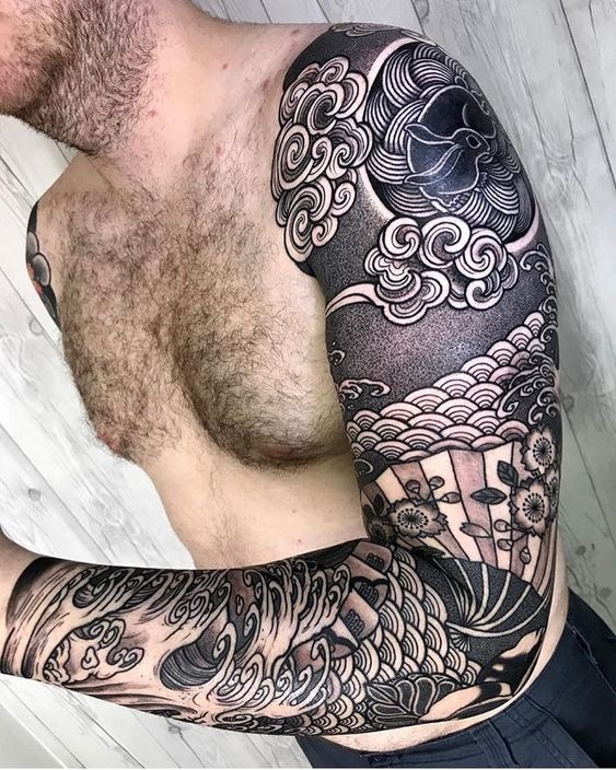 Japanese Style Fan and Seascape Sleeve tattoo Tattoo Design
