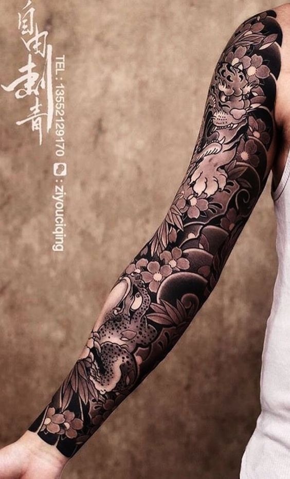 Jungle Cat and Frog with Floral Backdrop Sleeve Tattoo Tattoo Design
