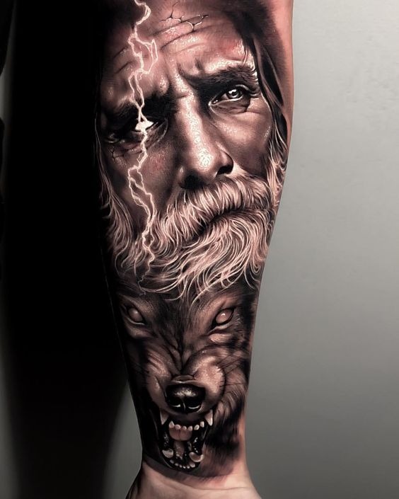 Lightning Eyed Man and Snarling Wolf Sleeve Tattoo Tattoo Design