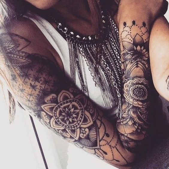 Mandalas and Beads on X-pattern Background Sleeve Tattoo Tattoo Design