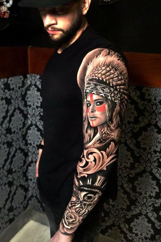 Native American Woman with Eye Clock Sleeve Tattoo Ideas Tattoo Design