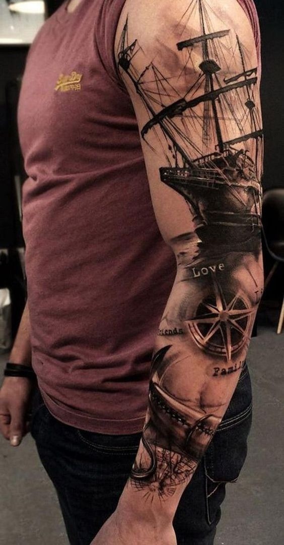 Nautical and Nostalgic Ship Sketch Scene Sleeve Tattoo Tattoo Design