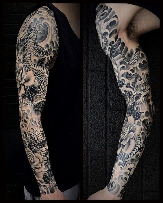 Oriental Flowers, Snake and Skull Sleeve Tattoo Tattoo Design
