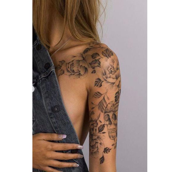 Pencil Sketch Flowers with Skull Sleeve Tattoo Tattoo Design