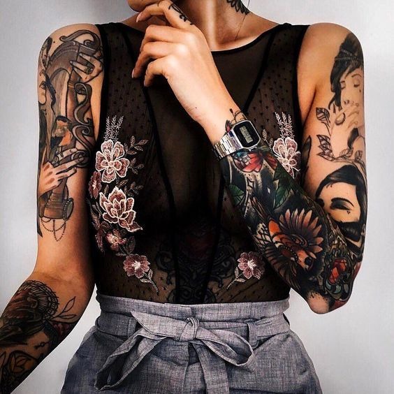 Portrait Sleeve Tattoo with Birds and Botany Tattoo Design
