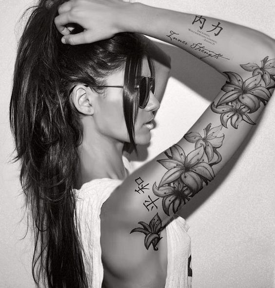 Precise Script with Bicep Flowers Sleeve Tattoo Tattoo Design