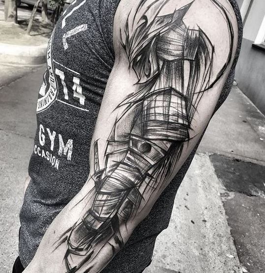 Scratch Art Cartoon Fighter Figure Sleeve Tattoo Tattoo Design