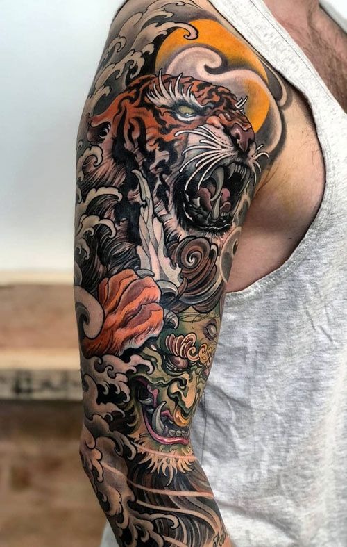 Snarling Tiger and Green Mask Sleeve Tattoo Ideas Tattoo Design