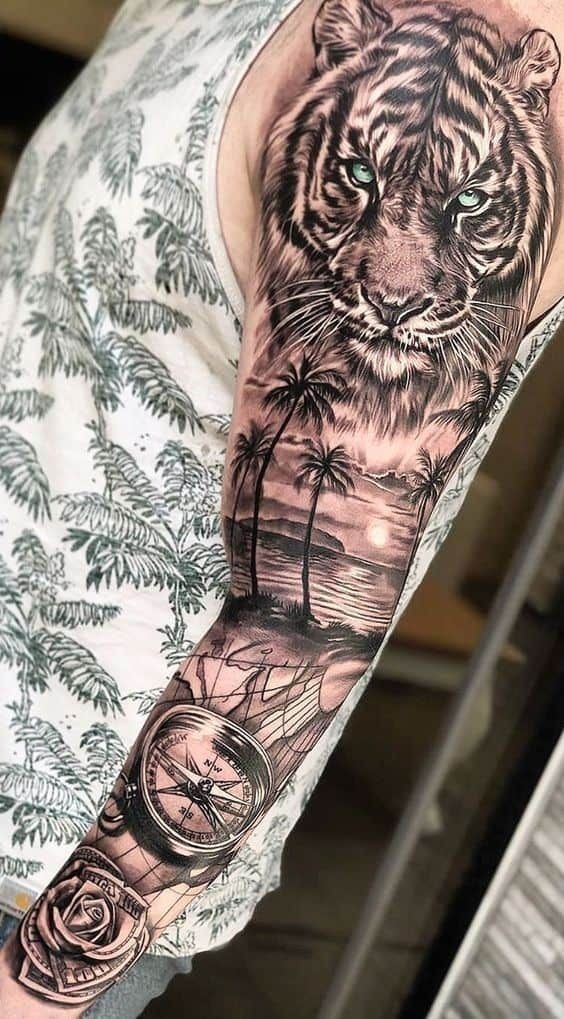 Staring Tiger Above a Tropical Landscape Sleeve Tattoo Tattoo Design