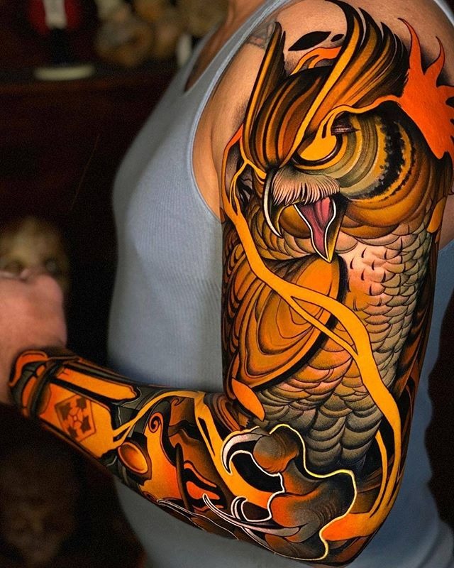Sunset Owl Above Windowed Lamp Sleeve tattoo Tattoo Design